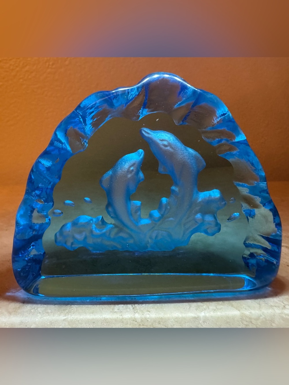 Blue Glass Etched Dolphins and Waves Paperweight/Art/Decor.
